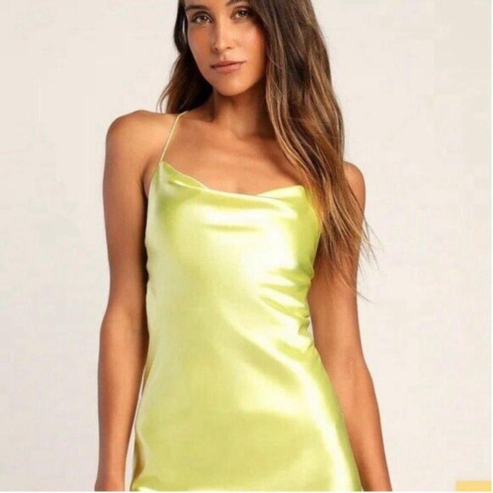 Lulu's NWT Yellow Satin Cowl Lace up Slip Dress Size Large - Picture 2 of 7